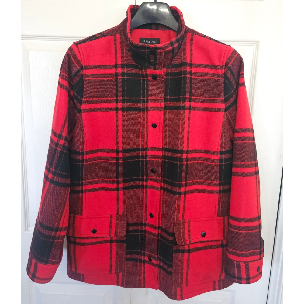 Talbots Red Black Buffalo Plaid Barn Coat Button Jacket‎ Medium M/L Chore Wool